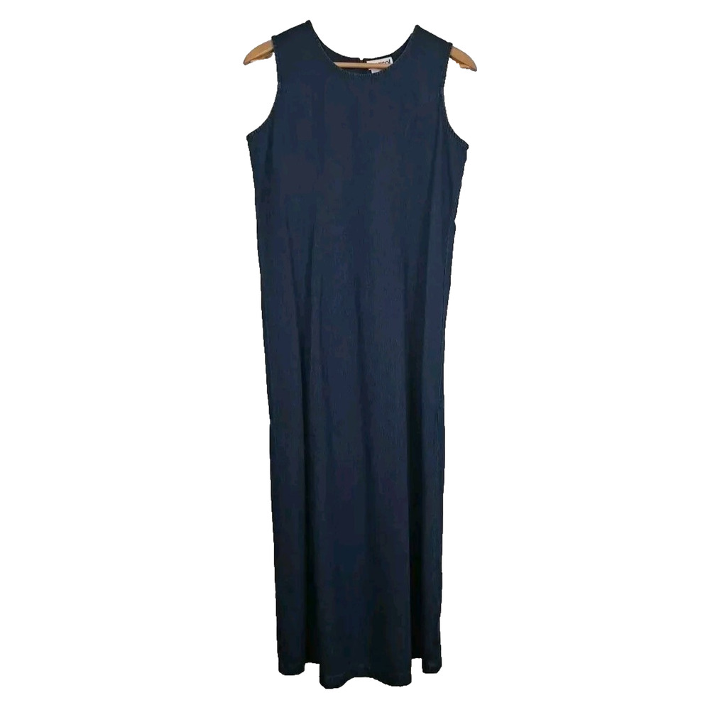 VTG Sleeveless Denim Midi Dress Womens M Blue 100% Cotton Paneled Tank Modest